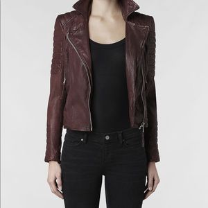 Allsaints spitalfields oxblood leather moto style jacket.